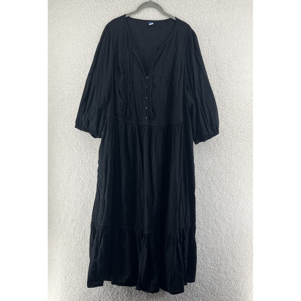 Old Navy Tie Neck 3/4 Sleeve All Day Maxi Swing Dress Black Women's Plus Size 3X